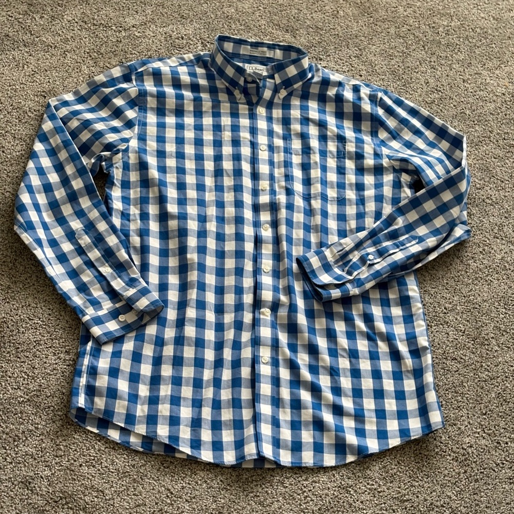 L.L. Bean Men's Blue and White Checkered Shirt 100% Cotton